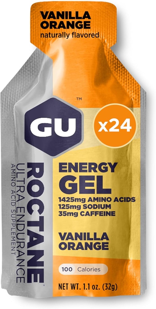 GU Energy Roctane Ultra Endurance Energy Gel, Vegan, Gluten-Free, Kosher, e Dairy-Free On-The-Go Sports Nutrition for Running, Biking, Caminhadas ou Esqui, Baunilha Laranja (24 pacotes)