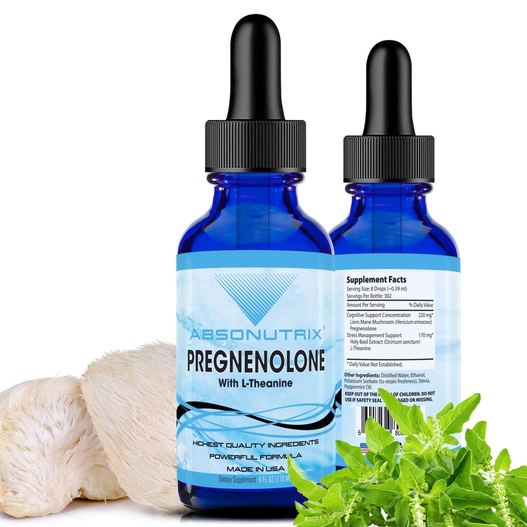 Pregnenolone with L-Theanine Advanced Formula 390 mg, 4 Oz Liquid, 302 Servings, Made in USA, Quick Absorption, Quality Potent Ingredients, Non-GMO, GMP Certified Facility