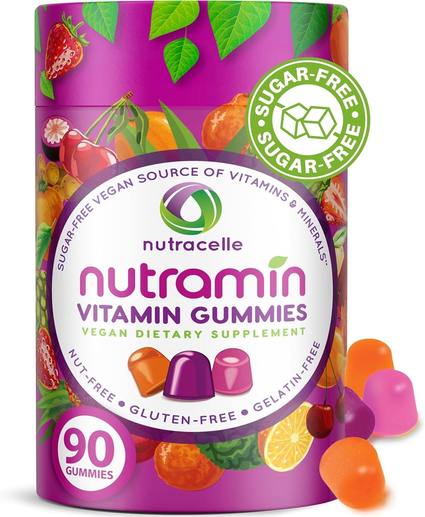 NUTRAMIN Diary Vegan Keto Gummies Multivitamin Não-GMO Vitamina C Natural, D + Zinco para Imunidade, Base de plantas, Livre de açúcar, Sem porcas, Sem glúten, Biotina, Vitamina A, B, B6, B12 & mais 90 Contagem, 45 dias