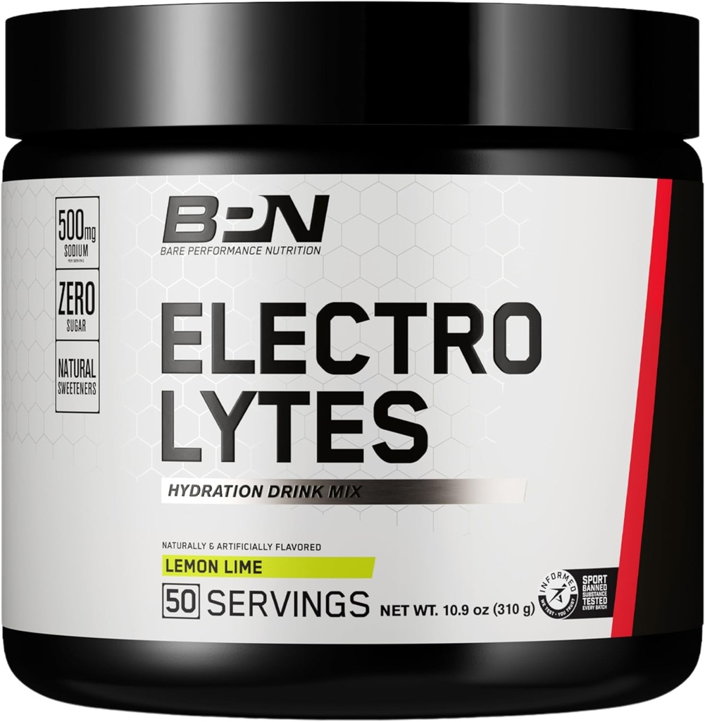 BARE PERFORMANCE NUTRITION BPN Electrolytes Hydration Drink Mix | 砂糖フリー電解液パウダー | 給食用500mg ナトリウム | 自然に甘く | レモンライム, 50 サービング
