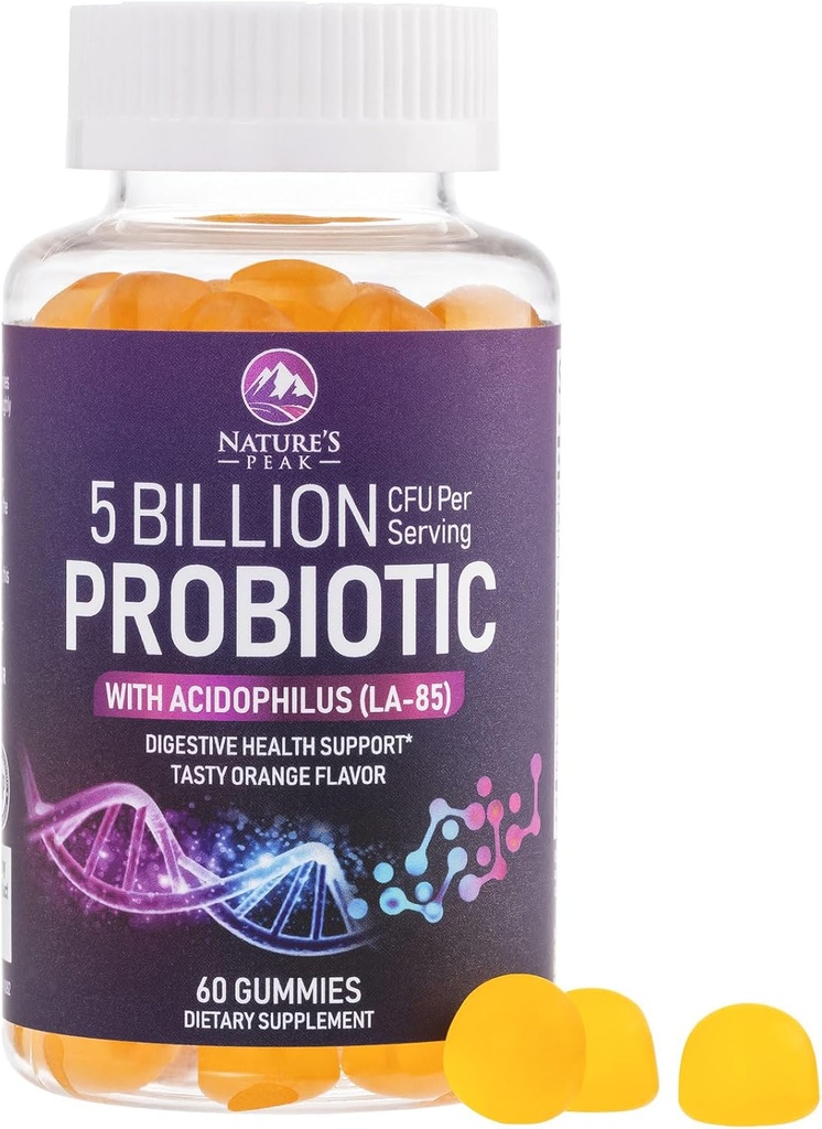Gummies probiotikoak 5 Billion CFU - Emakumeen, Gizonen eta Teensen eguneroko elikagai probiotikoak - Digestio naturaleko osasuna, "Good" Gut & Immune euskarria 6 Strain Biotiko Pro - Orange Flavor - 60 Count