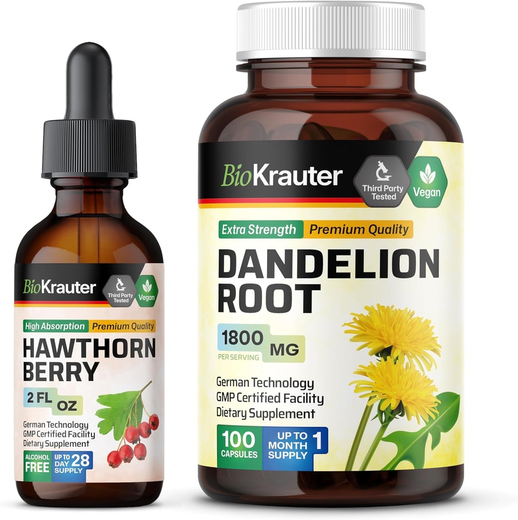 BIO KRAUTER Hawthorn Tinktur 2 fl. Oz. & Dandelion 100 kapsler