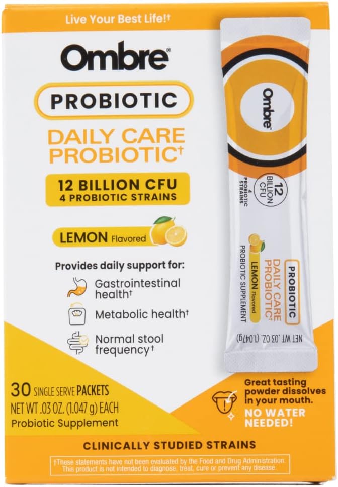 Ombre Daily Care Probiotic Powder - Prebióticos e Probióticos para mulleres, homes e nenos - po disolvido rápido promove saúde Digestiva e benestar global - 12 Billion CFU - Lemon Flavor, 30 Packets