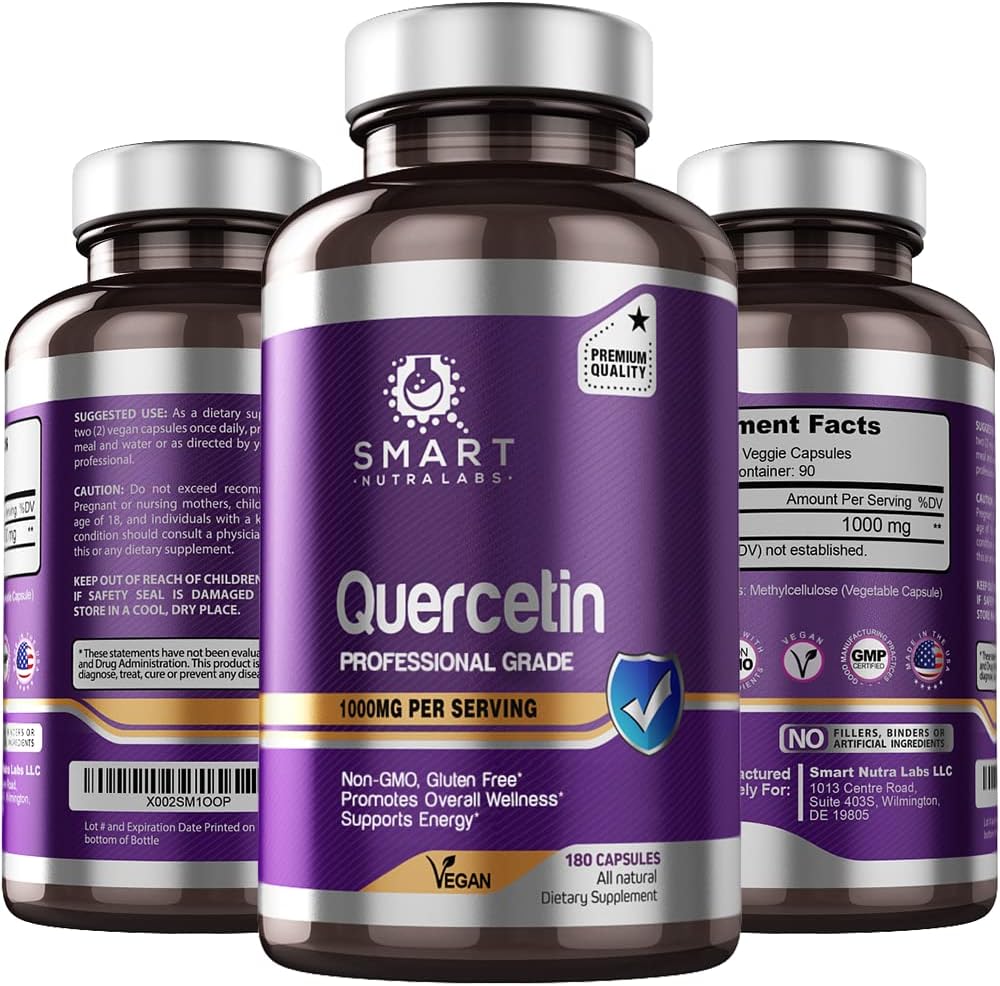 Smart Nutra Labs Quercetin 1000mg-180 Vegan kapsulak, 100% Pure Quercetin Supplement-Non-GMO, Gluten Free, Hirugarren Alderdia Probatuta