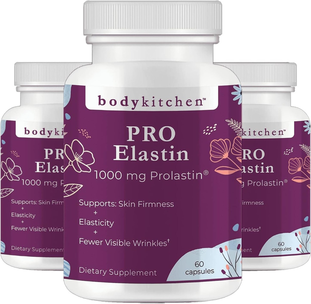 Body Kitchen Pro-Elastin 1000 mg Elastin Supplemento, Ridurre i segni di invecchiamento, Migliorata la salute della pelle, la fermezza e l'elasticità, Piedi rughe, Veggie Caps (Pack of 3)