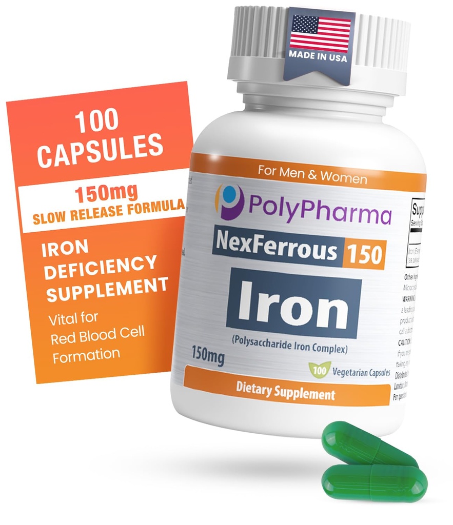 Polysaccharide Iron Complex 150mg for Anemia Support - Prevention & Treatment of Iron Deficiency, Supports Red Blood Cells Formation, Gentle on the Stomach, High Potency, USA-Made, 100 Capsules