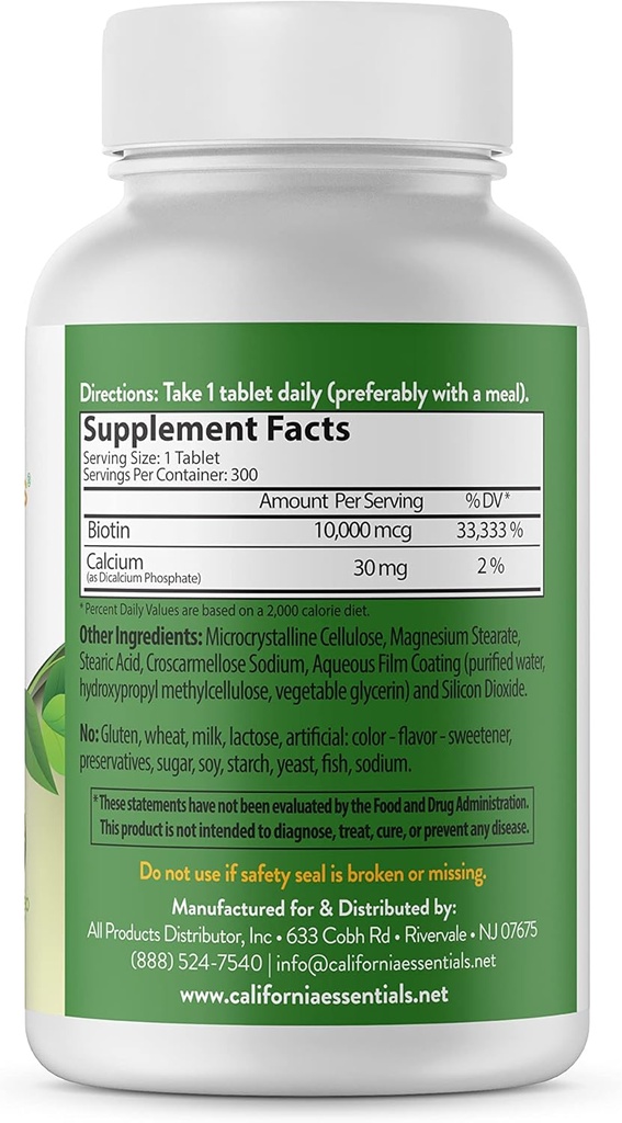 Californias ไบโอติน 10000mcg | B7 Prescients ผิวที่แข็งแรง, ขนและเล็บ | High Potteary Datary Supplement for Men & Women-GMO, Gluten & Dairy Free (300 Tables)