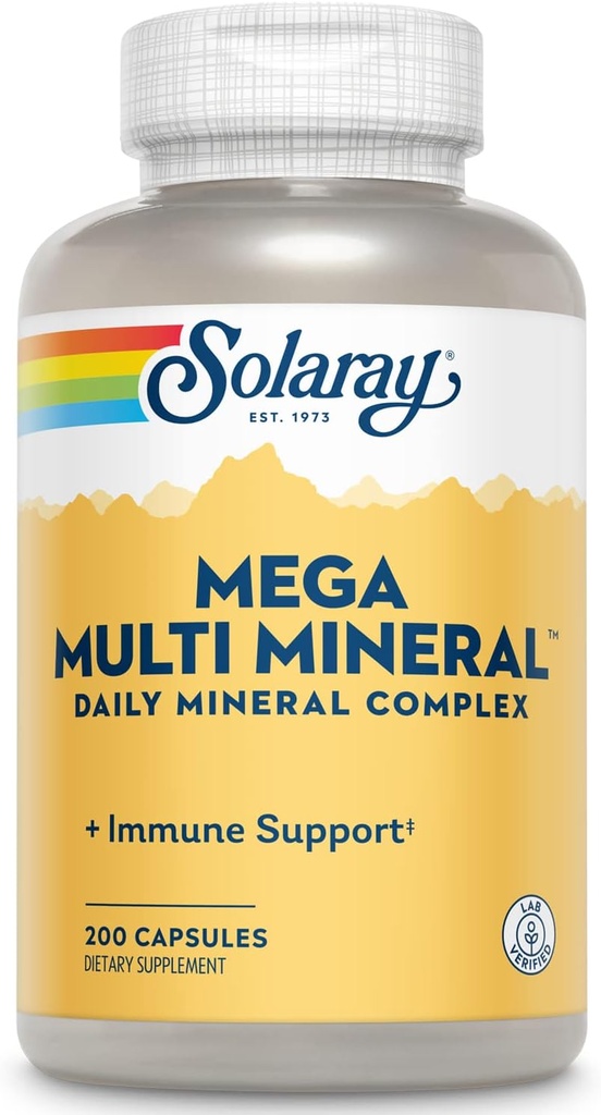 Solaray Mega Multi Mineral, Daglig Mineral Kompleks med kalsium, jern, magnesium, sink og mer i høyabsorberbare Chelate former, total helse og immunstøtte, 50 serveringer, 200 kapsler