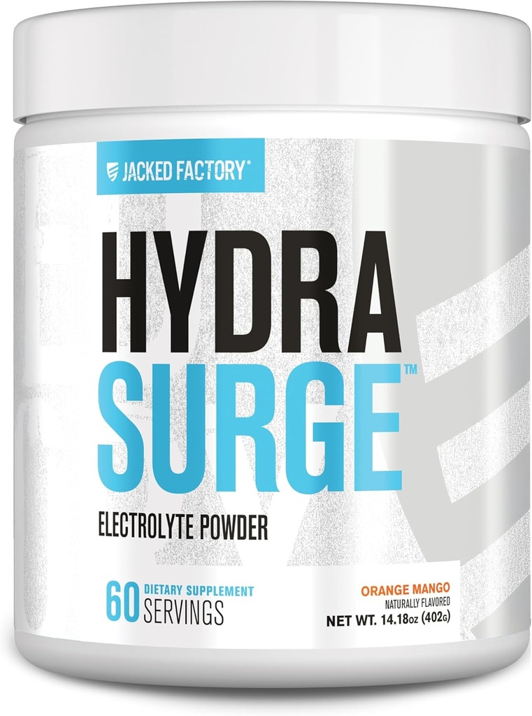 Jacked Factory HYDRASURGE Elektrolyt-Pulver - Hydration-Ergänzung mit Schlüsselmineralien, Himalaya Meersalz, Kokosnusswasser - Keto Friendly, Zuckerfrei, Natürlich gesüßt - 60 Servierungen, Orange Mango