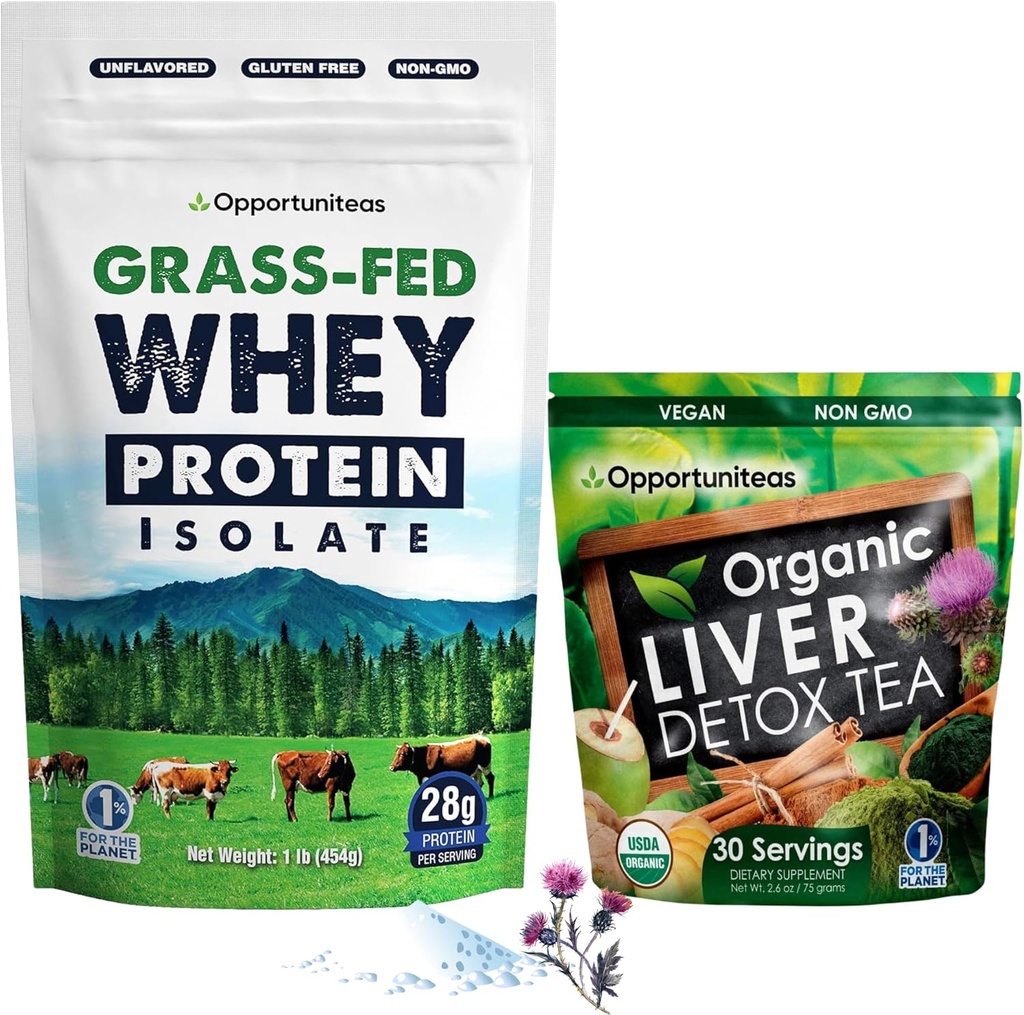 Opportuniteas Grass Fed Deflavored Whey Protein & Liver Detox Matcha Tea - Apoya tus músculos mientras limpias tu hígado - Bundle