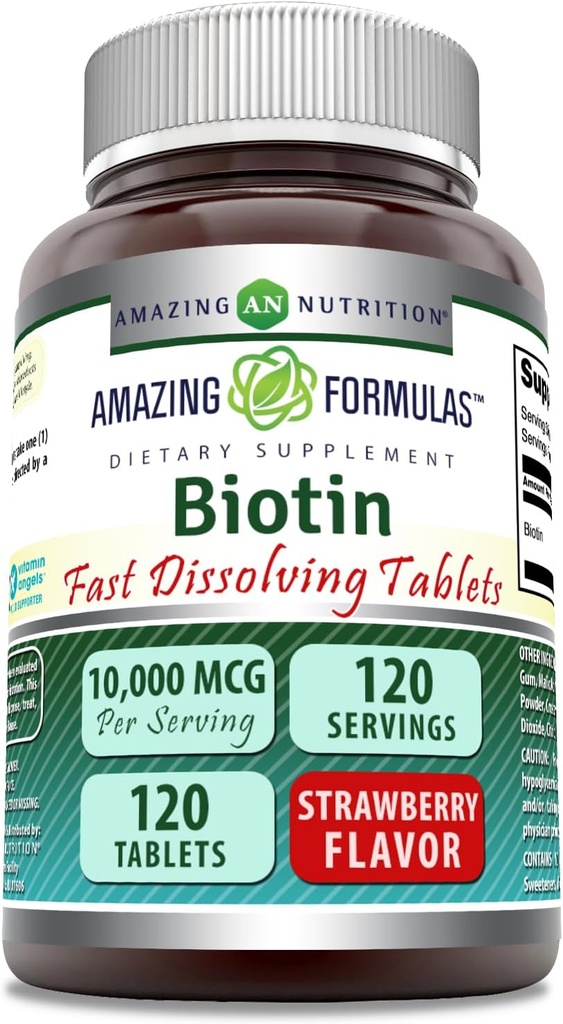 Amazing Formulas Biotin Fast Lahustada 10000 Mcg Tablets Supplement | Maasikas Maitse | Vitamiin B7 | Mitte-GMO | Gluteenivaba | Made in USA (120 Count)
