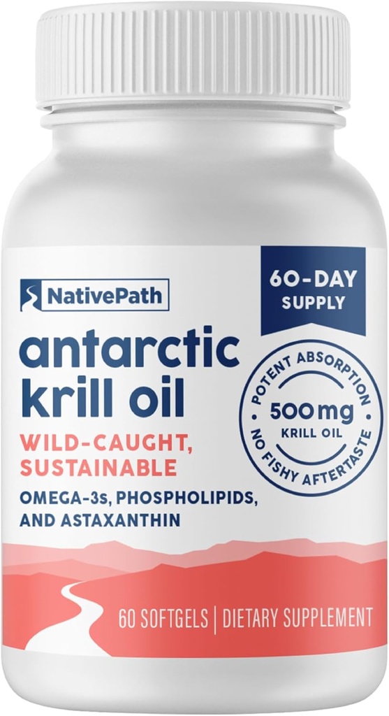 NativePath Antarctic Krill Oil - Wild-Caught Omega 3 Krill Oil 500mg Softgels con EPA, DHA e Astaxantina - Supplemento per Joint, Heart, Brain e Immunity - 60 ct - No Fishy Aftertaste