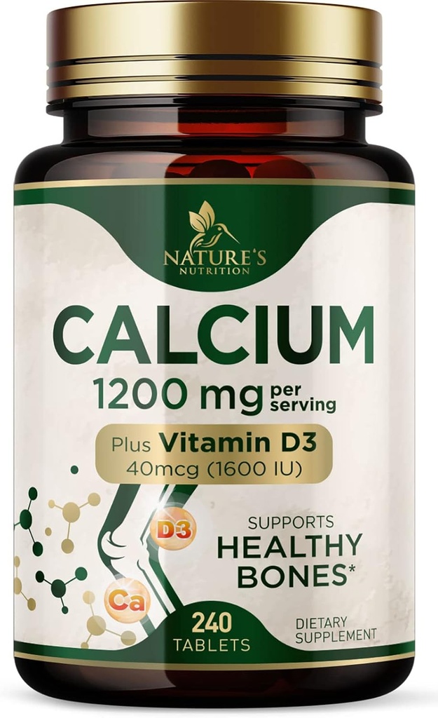 Cálcio 1200 mg com Vitamina D3 - Suplemento de Saúde Óssea, Suplementos de Vitamina D & Cálcio para Mulheres e Homens - Força Óssea, Dentes e Suporte Imune, Comprimidos de Cálcio da Natureza, Engarrafados nos EUA - 240 Comprimidos