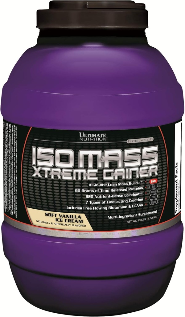 Ultimate Nutrition ISO Mass Xtreme Gainer, Greutate Gainer Proteine Pulbere cu Creatină, 60 Grams de proteine, Whey Izolate Proteine Pulbere pentru Lean Musculare Gain, 10 LBS cu 30 Serviri, Vanilla Ice Cream