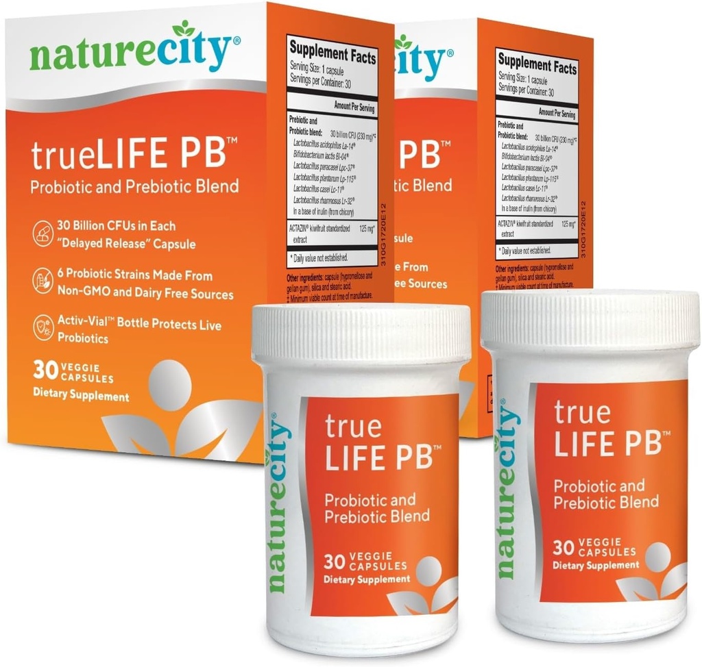 NatureCity True-Life-PB Shelf Stable Blend Prebiotica en Probiotica voor vrouwen en mannen - Digestieve Gut Health Supplementen voor vrouwen en mannen - Dairy Free - (60 Veggie Capsules)