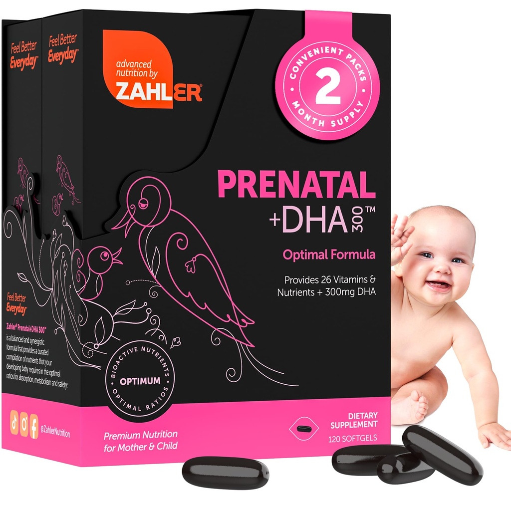 Zahler Prenatal +DHA 300 - Prenatal Vitamin with Methylated Folate & DHA for Pregnant Women - Support for Mom & Baby - Kosher, Gluten Free, Dairy Free - 120 Softgels