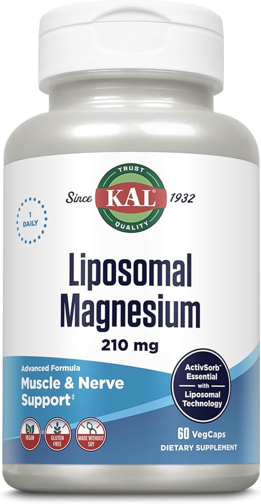 KAL Liposmal Magnesi Oxide 210 mg High Absorció, tecnologia de Liposomal, implementació fonamental de Muscle, fórmula avançada, Vegan Capules, Guten Free, No Soy, 60 Servings
