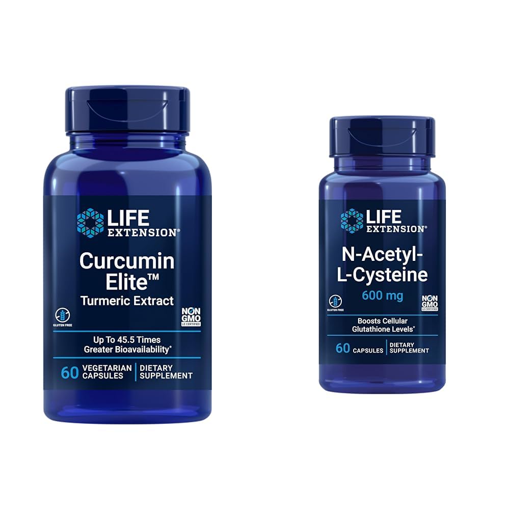 Life Extension Curcumin Elite Turmeric Extract & N-Acetyl-L-Cysteine (NAC), Immune, Respiratory, Liver Health, NAC 600 mg, Potent antioxidant Support, Free-radicals, Easy to Absorb, 60 Capsules