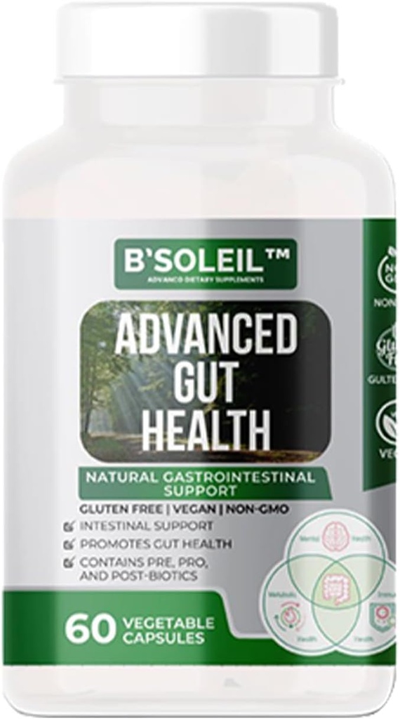 BSoleilTM ขั้นสูง ด้านสุขภาพ Gut Protogenal - Pre, Pro & Post Biotics - การรองรับระบบทางเดินอาหารธรรมชาติ - 60 ระบบทางเดินอาหาร - Glusen Free, German & Not-GMO Protoberal Profiles - 25 พันล้าน CFU