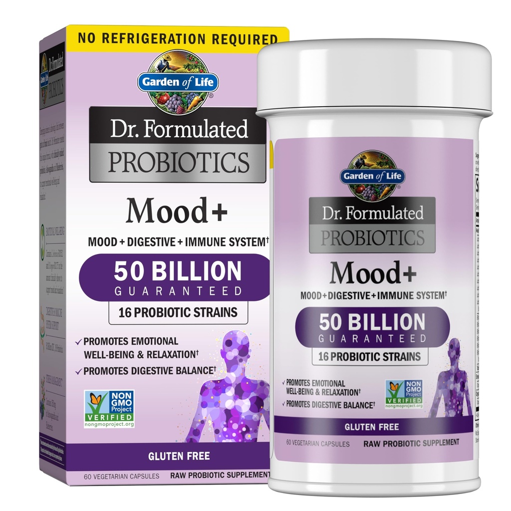 Garden of Life Dr. Formulated Probiotics Mood+ - 50 Billion CFU - Supports Relaxation & Digestive Health - Shelf Stable - 60 Vegetarian Capsules