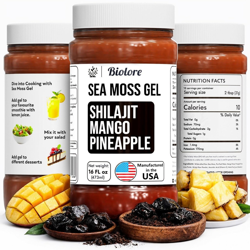 Biolore Sea Moss Gel Superfood – Shilajit Mango Pineapple, 16 oz | 2-Week Supply | Wildcrafted Sea Moss Jelly with Minerals & Electrolytes, Vegan, Made in USA
