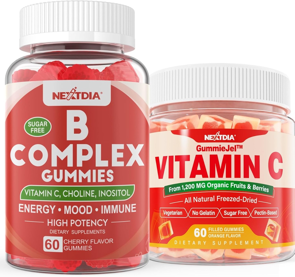 2 Pakke Vitamin B Komplekse Gummier med 2000 mikrog Metyl B12, Metyl Folat + 1 Pack Hele Mat vitamin C Gummies