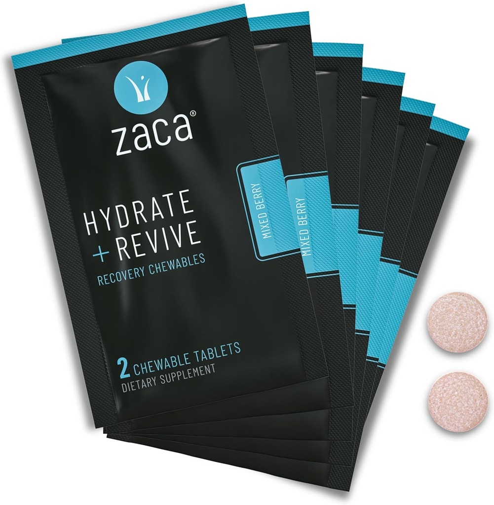 Zaca Recovery Chewable Supplementary (Zaca Recovery Recovery Chewable Supplement 124; Hidrate + Revive) 124; Party, Travel, Workise & Altalitude 124; Sugar Free & Gluten Free Affave 124; Mixed Berry, 6 Packets = 12 tabletta
