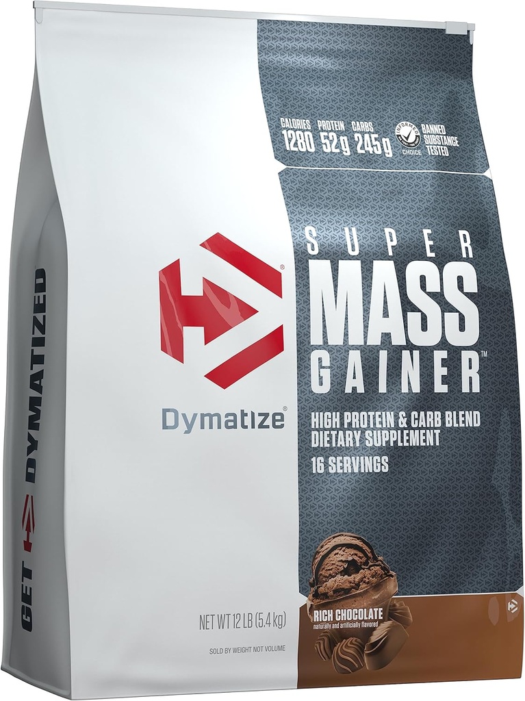 Dymateize SuperMuder Protein Powder, Rich Chocolate, 52g Protetin, 1g Creatine, 1280 Calies, 10.7g BCAAs, 245g Carbs, Conté Whey Protein Powder, Isote i Casin (16vings)