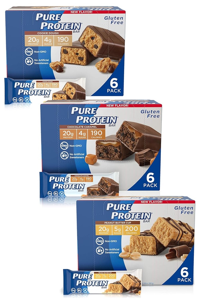 Protein Bars nguyên chất, Protein cao, Nutrit snacks để hỗ trợ năng lượng, Low Sugar, Gluten free, free multiety Pack (Cookie Dough/Choc Caramel/Peant Cup), 1.76 oz, một gói 18 người.