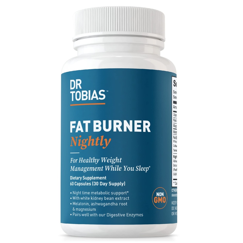 Dr. Tobias Fat Burner Nightly - Night Time Metabolic Support with White Kidney Bean Extract, Ashwagandha Root, Green Coffee Bean Extract & Melatonin | Non-GMO (60 Capsules 30 Day Supply)
