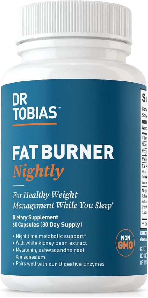 Dr. Tobias Fat Burner Nightly, Night Time Metabolic Support dengan White Kidney Bean Extract, Ashwagandha Root, Green Coffee Bean Extract & Melonalin, Non-GMO, 60 Capsules (30 Day Suppply)