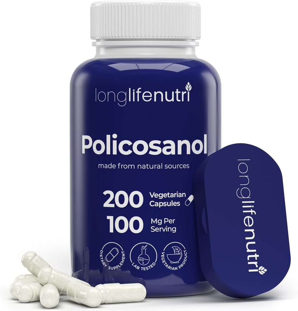 LongLifeNutri Policosanol 100mg - 200 Vegetarian Capsules, Natural Sugar Cane Supplement for Balanced Cholesterol, 3-Month Supply, Non-GMO, Lab Tested, Made in USA