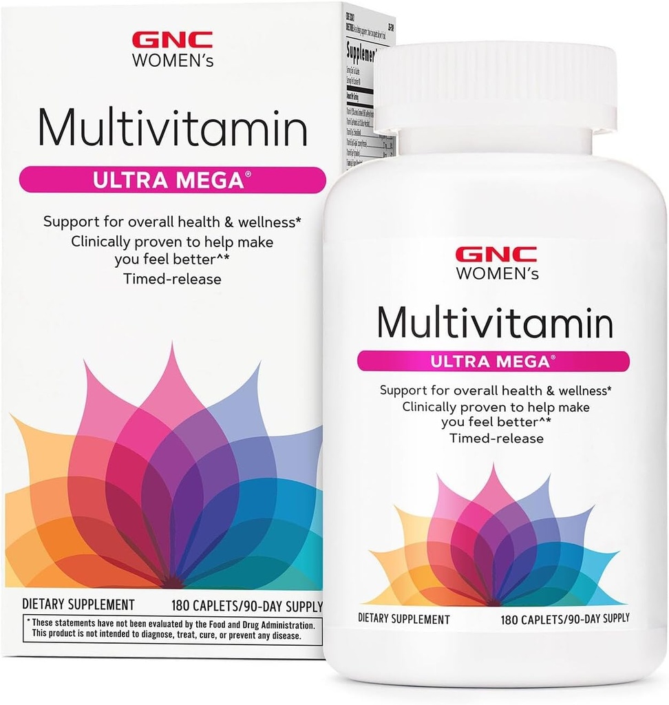 GNC Mujer Multivitamina Ultra Mega, Suplemento diario de vitaminas, soporta inmuno, cerebro, pelo, uñas de piel, 180 caplets