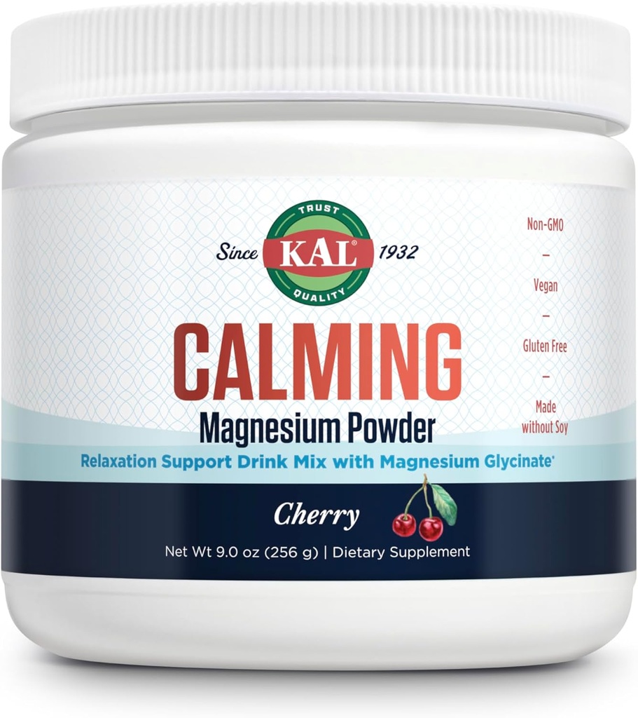 KAL Calming Magnesio Powder - Cherry Flavor Magnesio Suplemento - Alta Absorción, Soporte de Relaxación, Non Engadido Sugar, Vegan, Gluten Free, Made Without Soy 40 Serventes, 9 oz