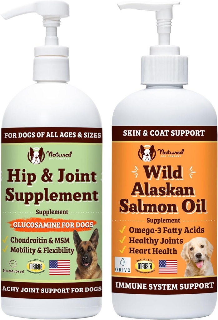 Natural Dog Company 32 oz. Bundle med Wild Alaskan Salmon olje og flytende glukosamin for hunder, fiskeolje Supplement, felles og Hip støtte