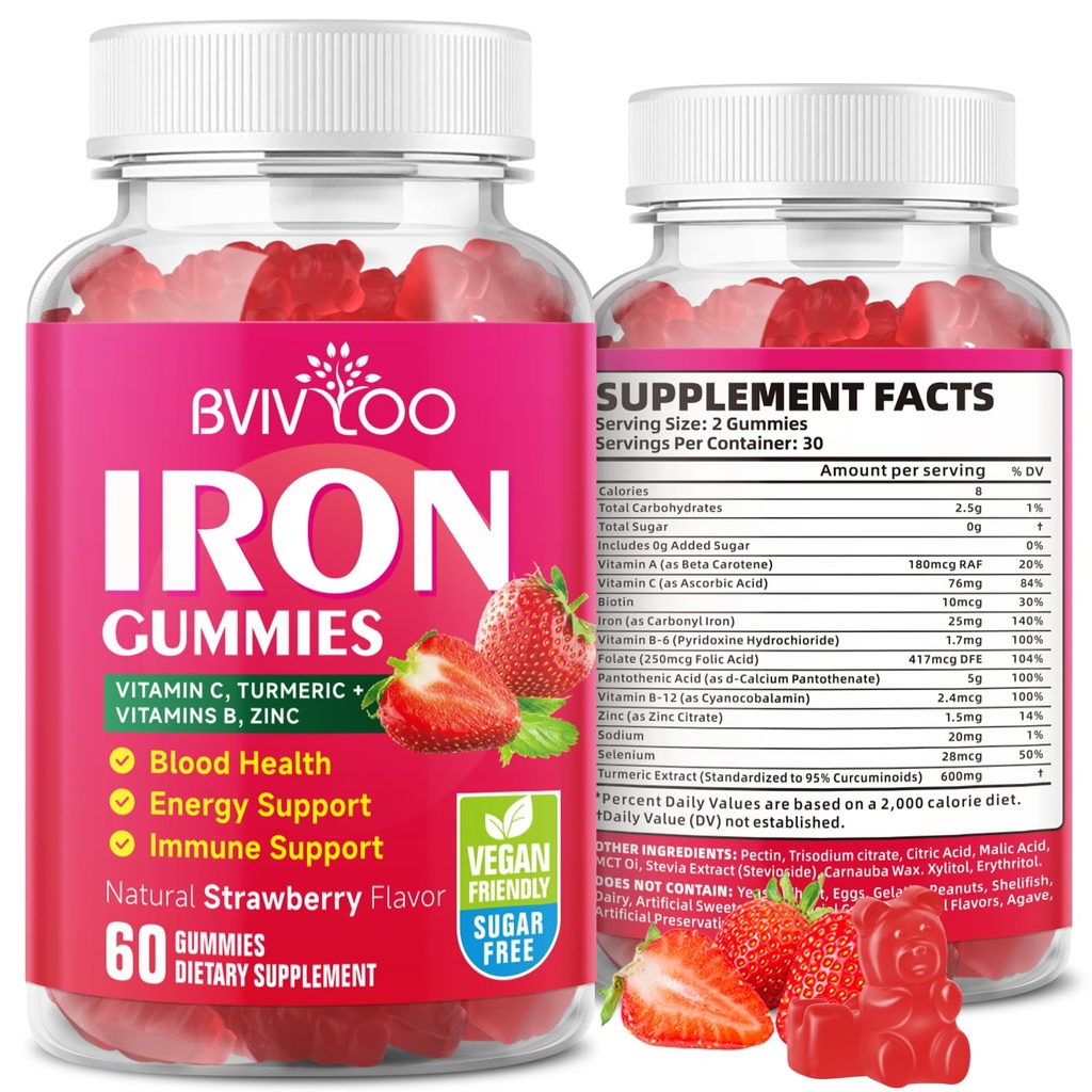Vegan Iron Gummies for Adults & Kids - with Vitamin C, A, B-Complex, Folate, Zinc, and Biotin - for Blood Building & Energy Support, 60 Gummies