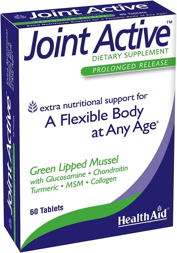 Healthaid Jointactive, 60 Ct, liberación prolongada, Un corpo flexible a calquera idade, Mexillón verde, con glucosamina, Chondroitin Tumeric, MSM, Collagen.