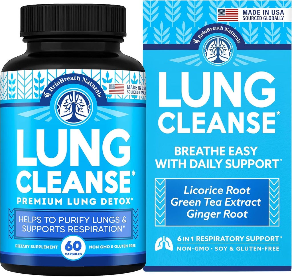 Lung Support Supplement - Cápsulas naturais para Lung Cleanse e Detox - Made in USA - Sistema respiratório; Mucus Clear - Vegan Suplemento para Lung Detox; Suporte respiratório - 60 Cápsulas