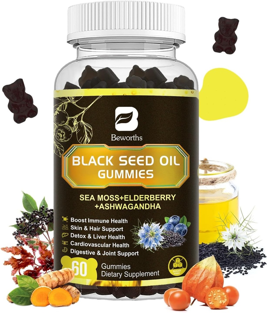 Black Seed Oil & Sea Moss Gummies | Irish Sea Moss Gummy with Ashwagandha, Black Seed Oil, Elderberry, Turmeric, D3 bitamina, C, Zinc - laguntza Immunitatea, Joints, Digestioa, Ilearen Hazkundea - 60
