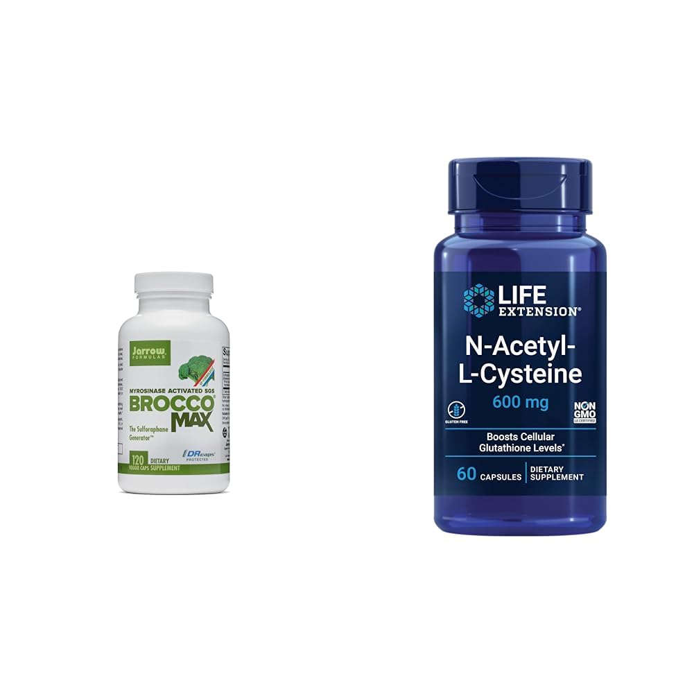 Jarrow BroccoMax with Sulforaphane for Liver Health, 120 Delayed Release Capsules & Life Extension N-Acetyl-L-Cysteine (NAC), Immune, Respiratory, Liver Health