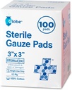 Globe 3'' x 3'' Advanced Sterile Gauze Pads, 100-Pack Individually Packed - 12-Ply Cotton for Wound Care Dressing, Highly Absorbent Bandages for Home & Emergency Use - Travel & First Aid Kit Essential
