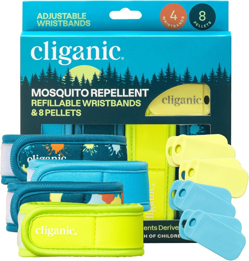 Cliganic Mosquito Repellant Paquet (4 Mines + 8 Refill calabruix) - Ajustable, natural DEET-Free, petroli asseric Infús