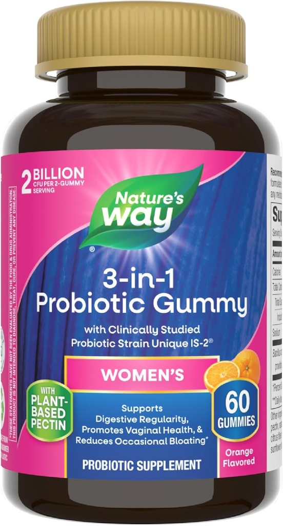 Nature 's Way 3- in-1 Kvinder Probiotiske Gummies, Reduces Occasional Bloating *, Understøtter fordøjelse og vaginal sundhed *, Klinisk Studerede Probiotiske Strain, Gluten Free, Orange Flavored, 60 Gummies