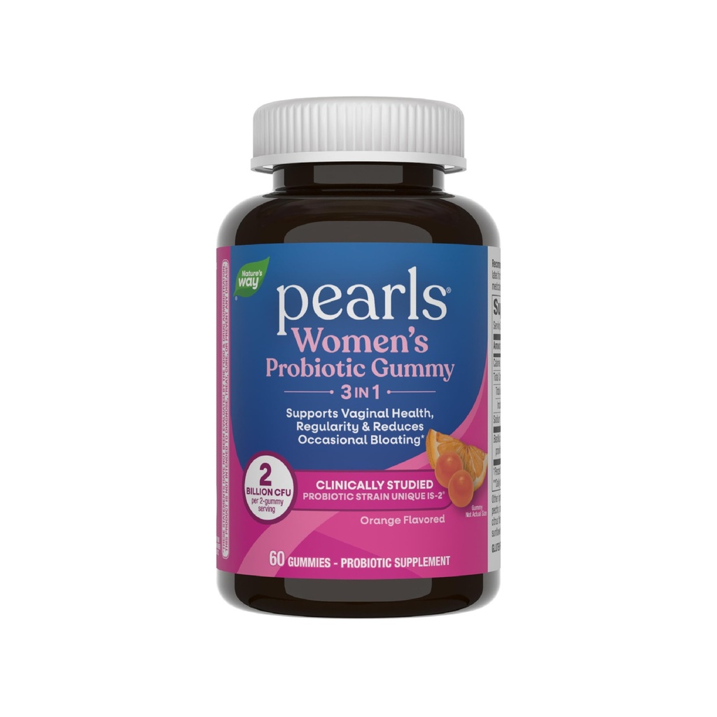 Nature's Way Pearls Probiotic Women's Gummy 3-in-1, Reduces Occasional Bloating*, Supports Digestive & Vaginal Health*, Gluten Free, Orange Flavored, 60 Gummies (Packaging May Vary)