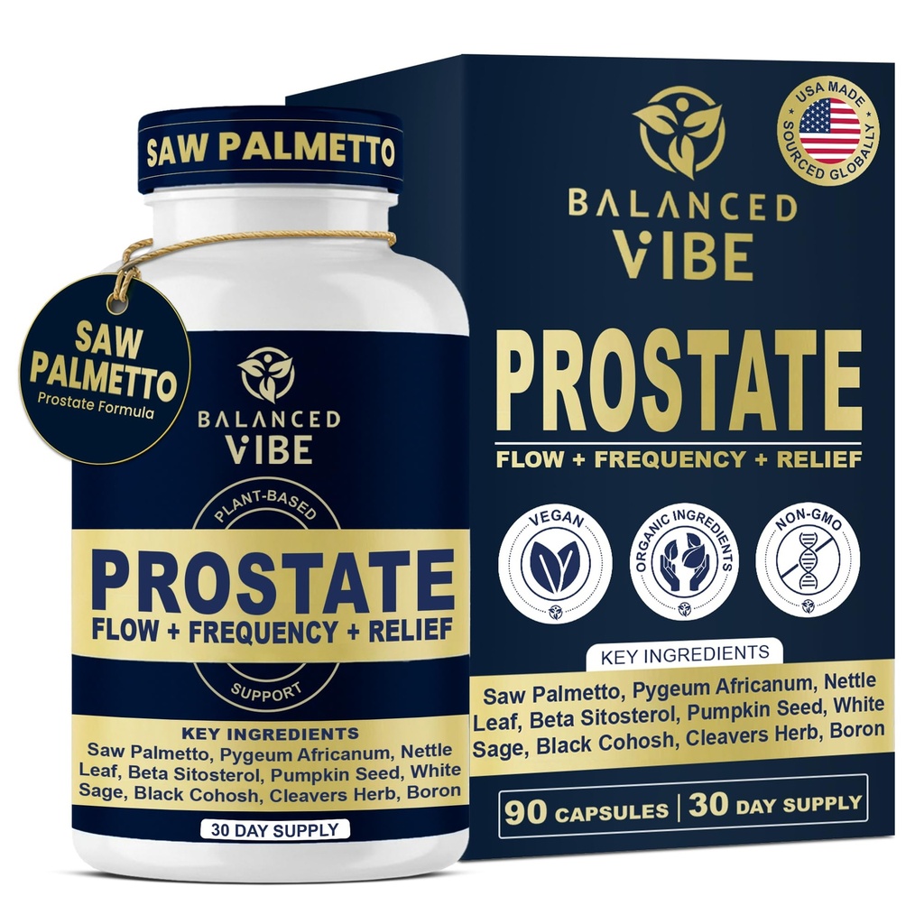Balanced Vibe 11-in-1 Prostate Supplement for Men with Saw Palmetto, Pygeum, Beta-Sitosterol & Pumpkin Seed, Supports Prostate Health, Urinary Flow & Bladder Comfort, Vegan, GMO Free, 90 Capsules