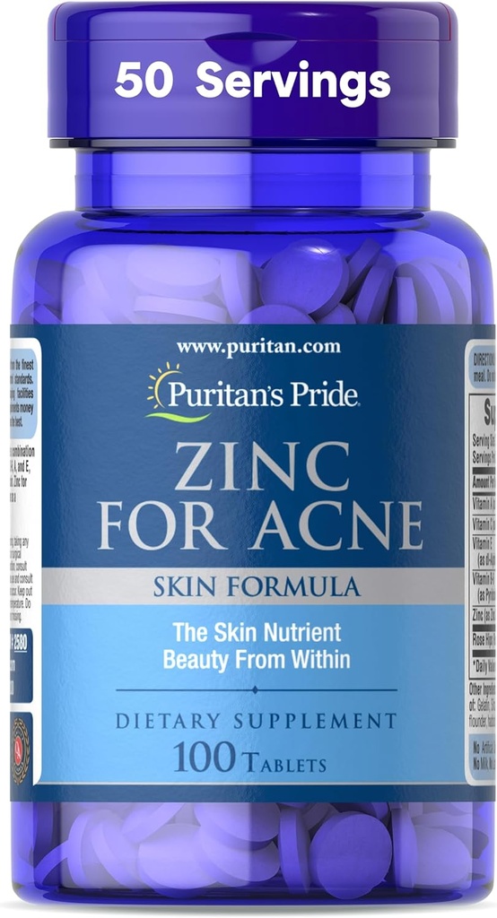 Puritan's Pride Zinc for Acne Skin Formula with Vitamins C, B-6, A, e E para homes e mulleres, Suplemento dietético para a pel clara, sistema inmunitario, división celular e apoio ao crecemento, 100 tabletas