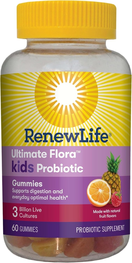 Renovar Life Kids Probiotic Gummies, Suplemento diario soporta saúde xeral e dixestión óptima, leite e soia libre, 3 Billion CFU, 60 Count