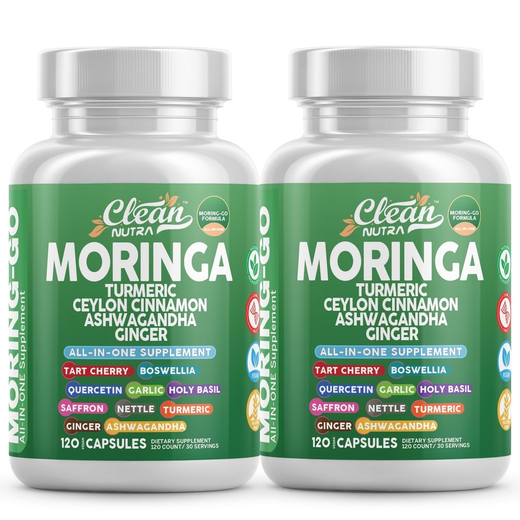 Moringa Powder Capsules + Turmeric Moringa Leaf Ceylon Cinnamon Ashwagandha Ginger Tart Cherry Boswellia Quercetin Garlic Holy Basil Saffron Nettle Black Pepper Moring-Go Supplement By Clean Nutra (2)