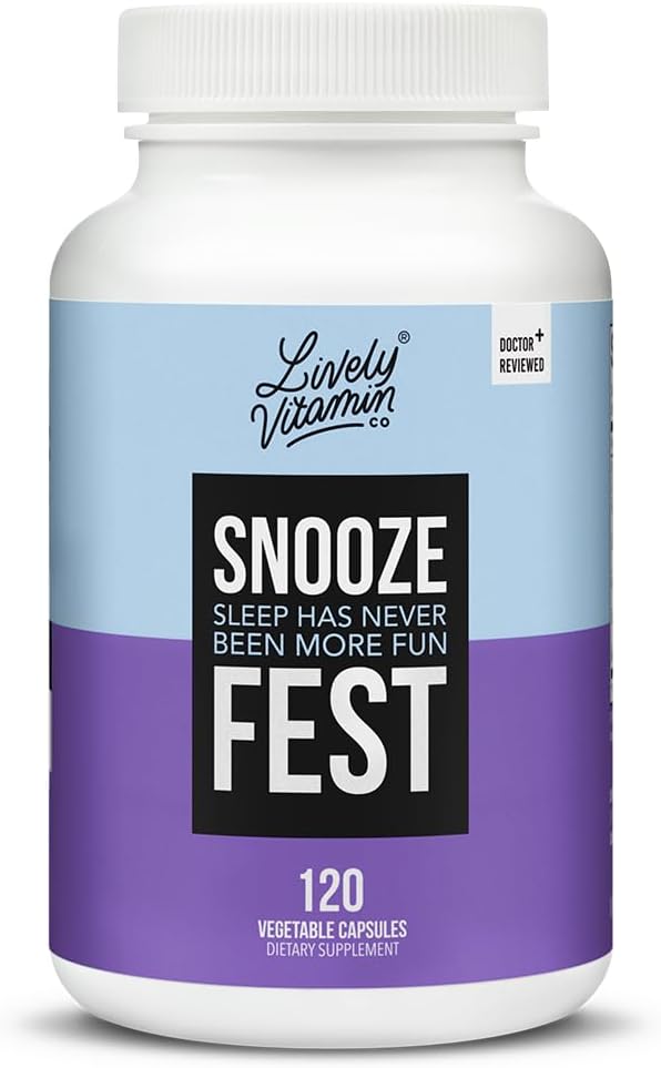 LIVELY VITAMIN CO Snooze Fest - Full REM Cycles - Subalansuotas miego - Atsipalaiduoti kūno ir proto - Poilsio ir atkūrimo - GABA - Chamomile - Melatoninas - Triptofanas - Valerijono šaknys - Lemon Balm - Poppy - 120 Count