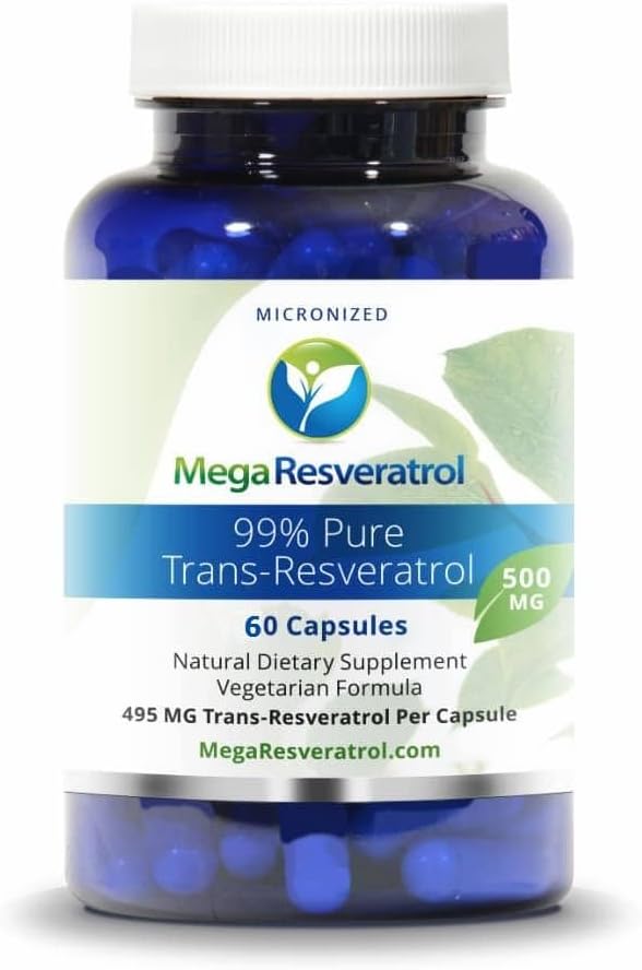 Mega Resveratrol, Pharmaceutical Grade,99% Pure, Isolate, Micronized Trans-Resveratrol, 60 Veggie Caps, 500mg per kapsel. Purity certifierad. Inga giftiga "inaktiva" ingredienser tillagda.